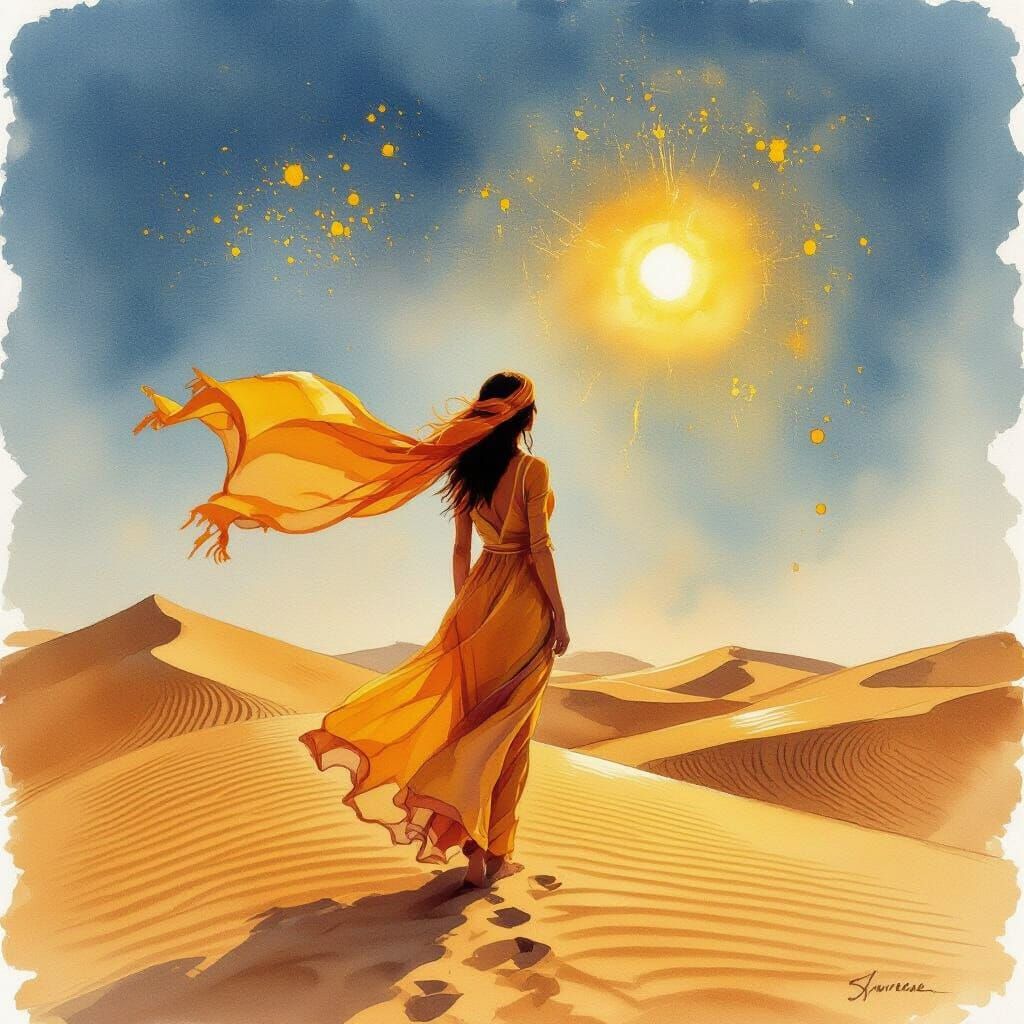 Traveler with Saffron Veil on Amber Dunes