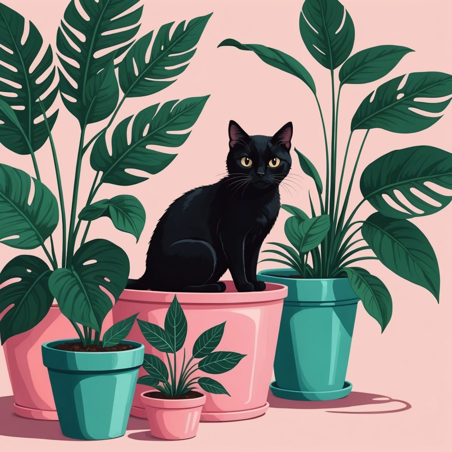 Whimsical Black Cat Hiding in Houseplant Illustration