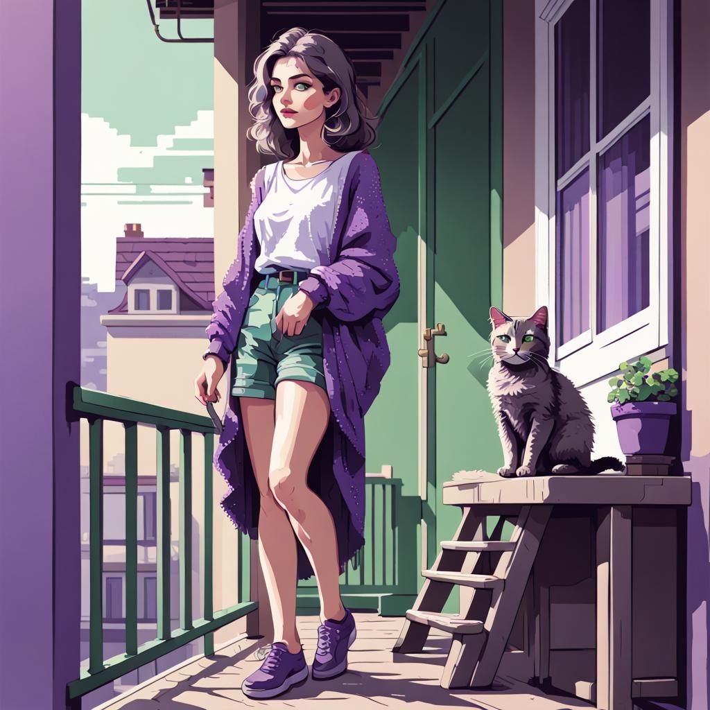 Pixel Art: Woman with Cat on Balcony
