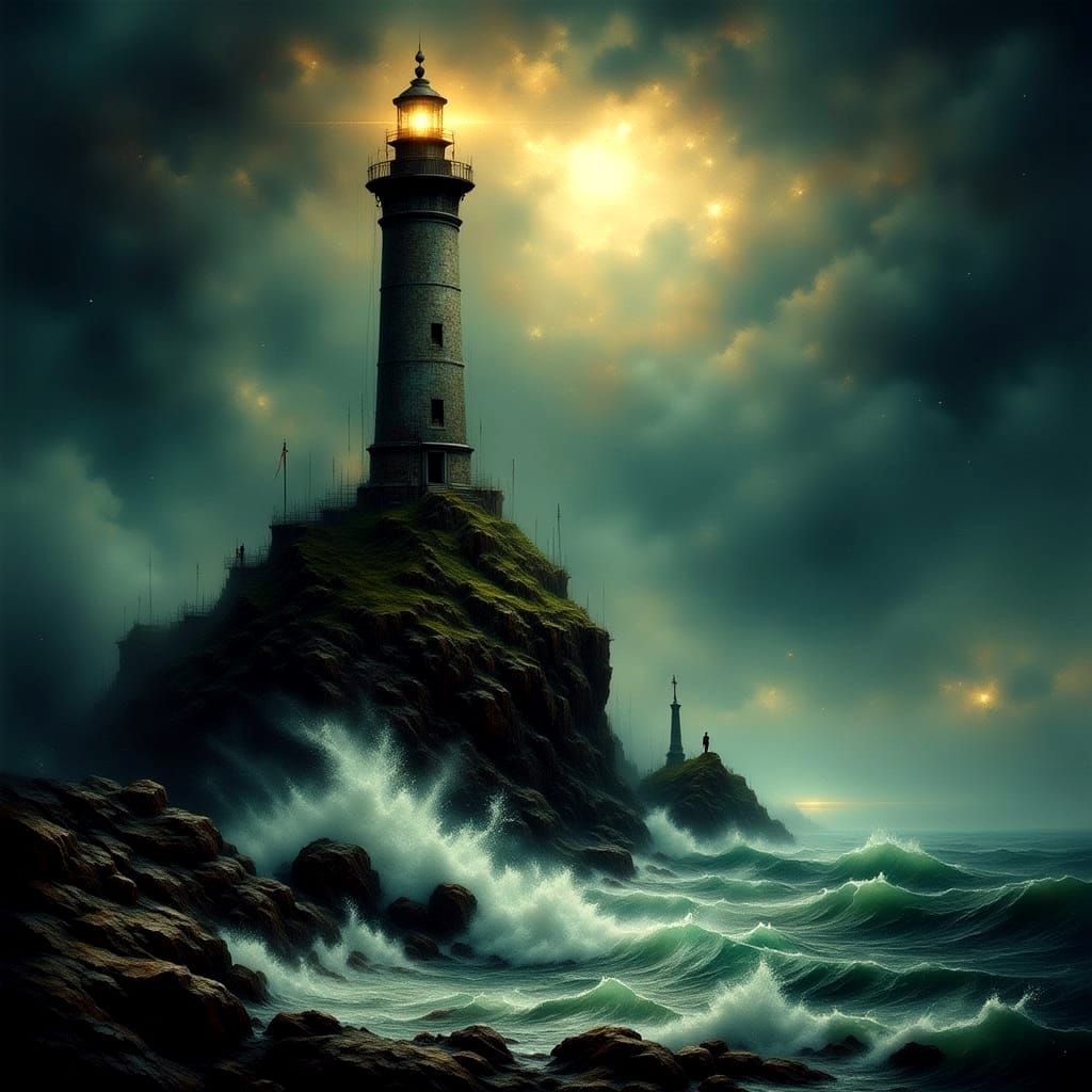 Lighthouse Keeper Tends Crystal Beacon in Stormy Seas