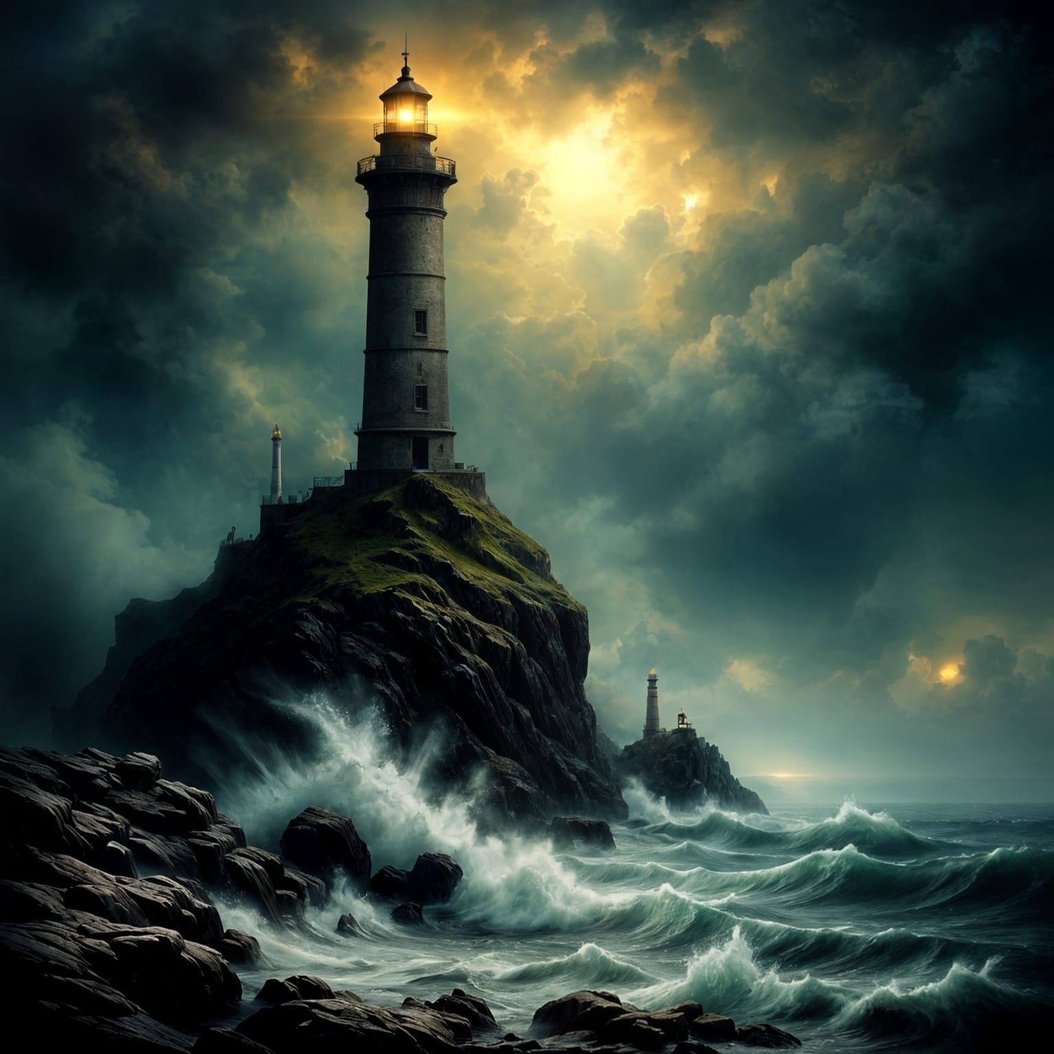 Lighthouse Keeper Tends Crystal Beacon in Stormy Seas