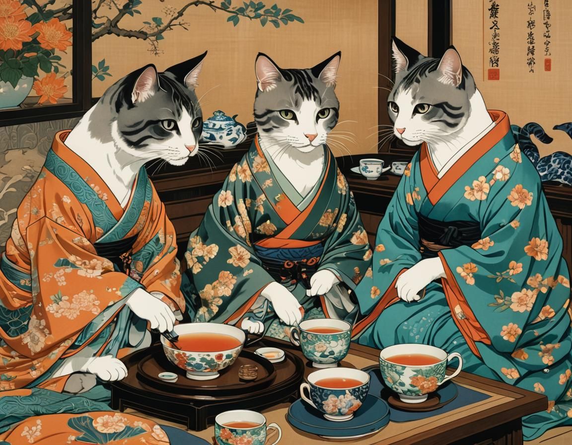 Cats' Tea Party in Ukiyo-e Style