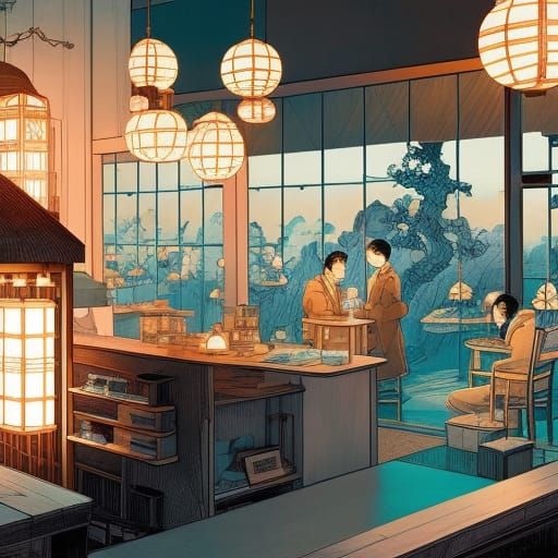 Cozy Cafe at Night in Dieselpunk Style