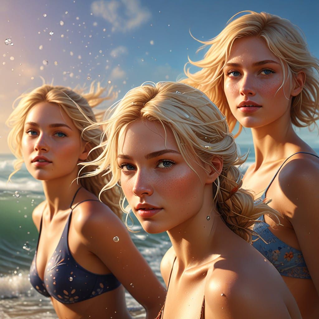 Hyperdetailed Blondes on a Glittering Beach