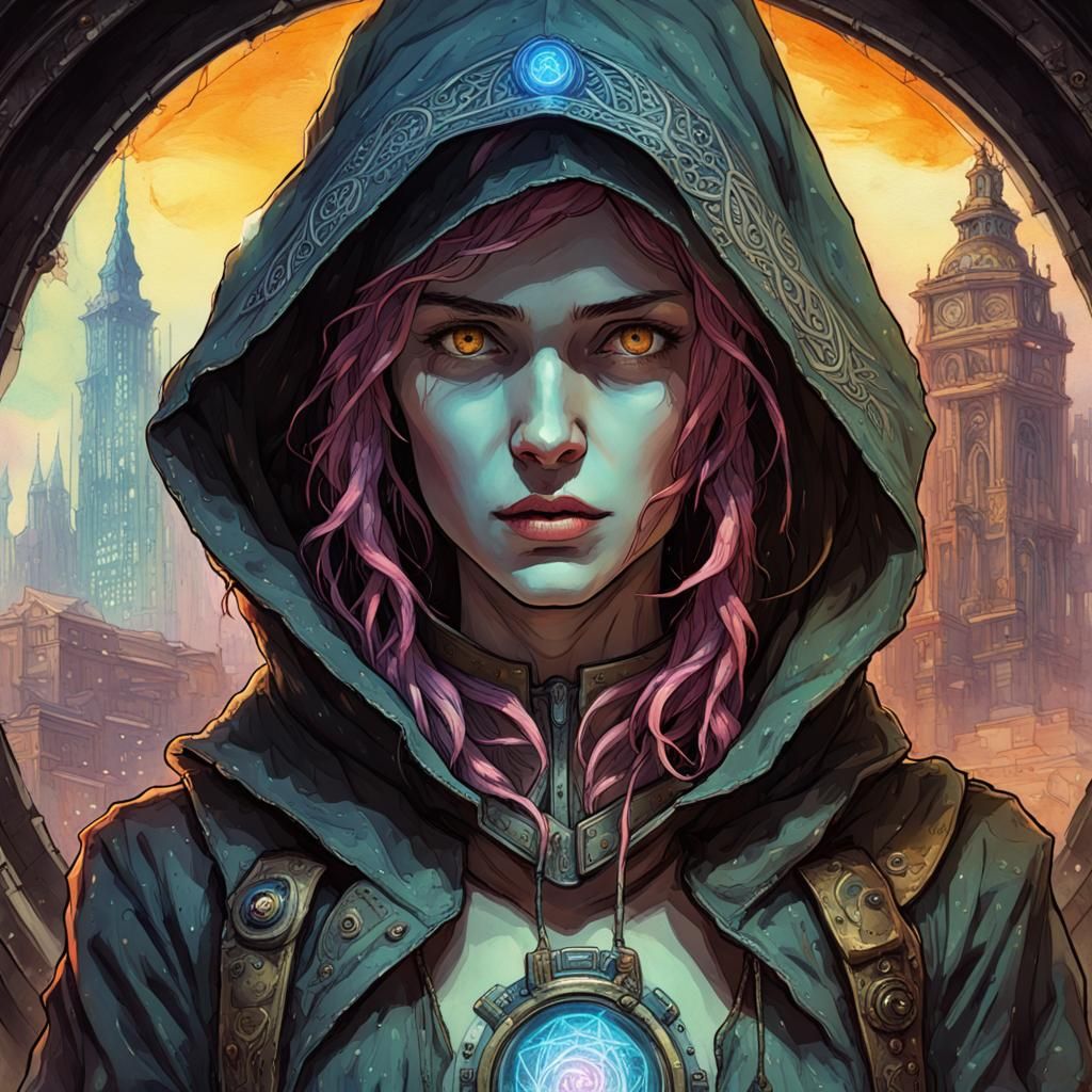 Neon Gothic Horror: Hooded Netrunner in Steampunk Style