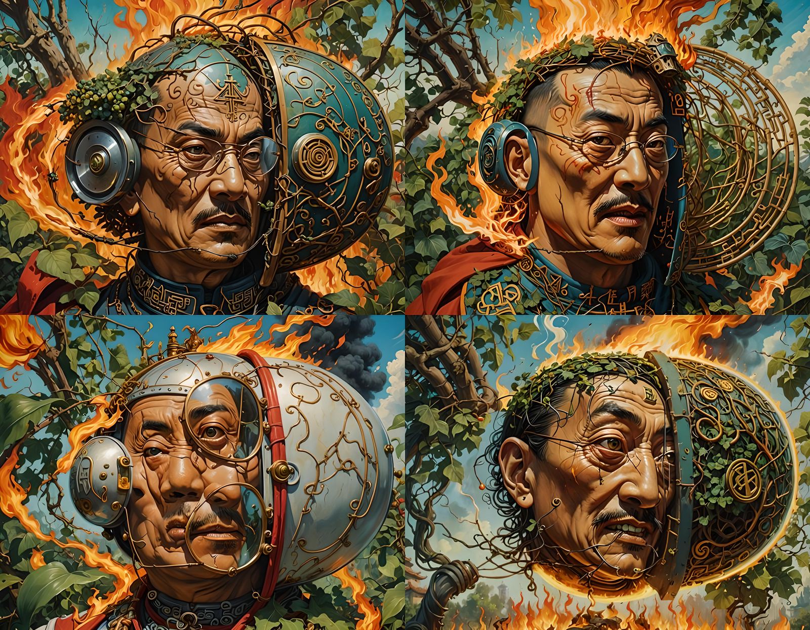 Fiery Monk Face in Salvador Dali Absurdist Style