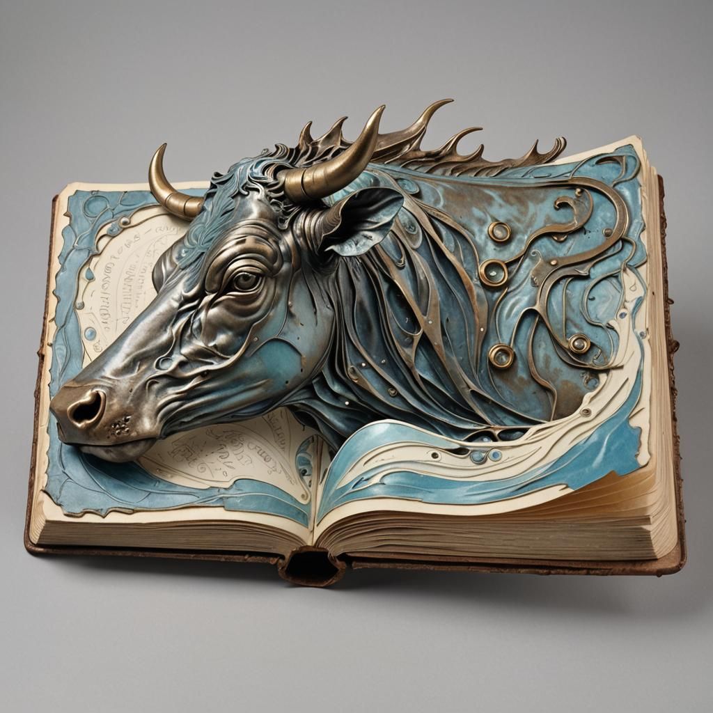 Bronze Cow Carving on Book, Surrealist Art