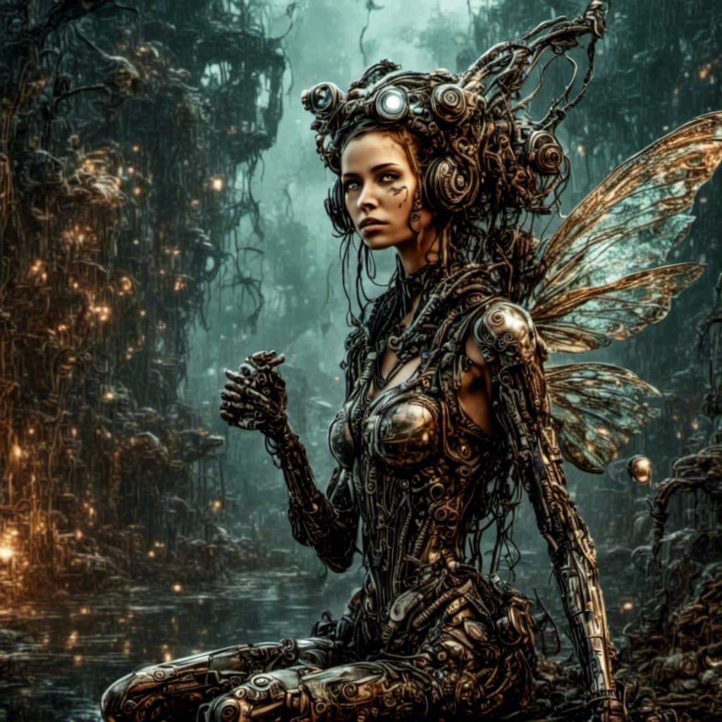 Cyborg Fairy in Post-Apocalyptic Landscape