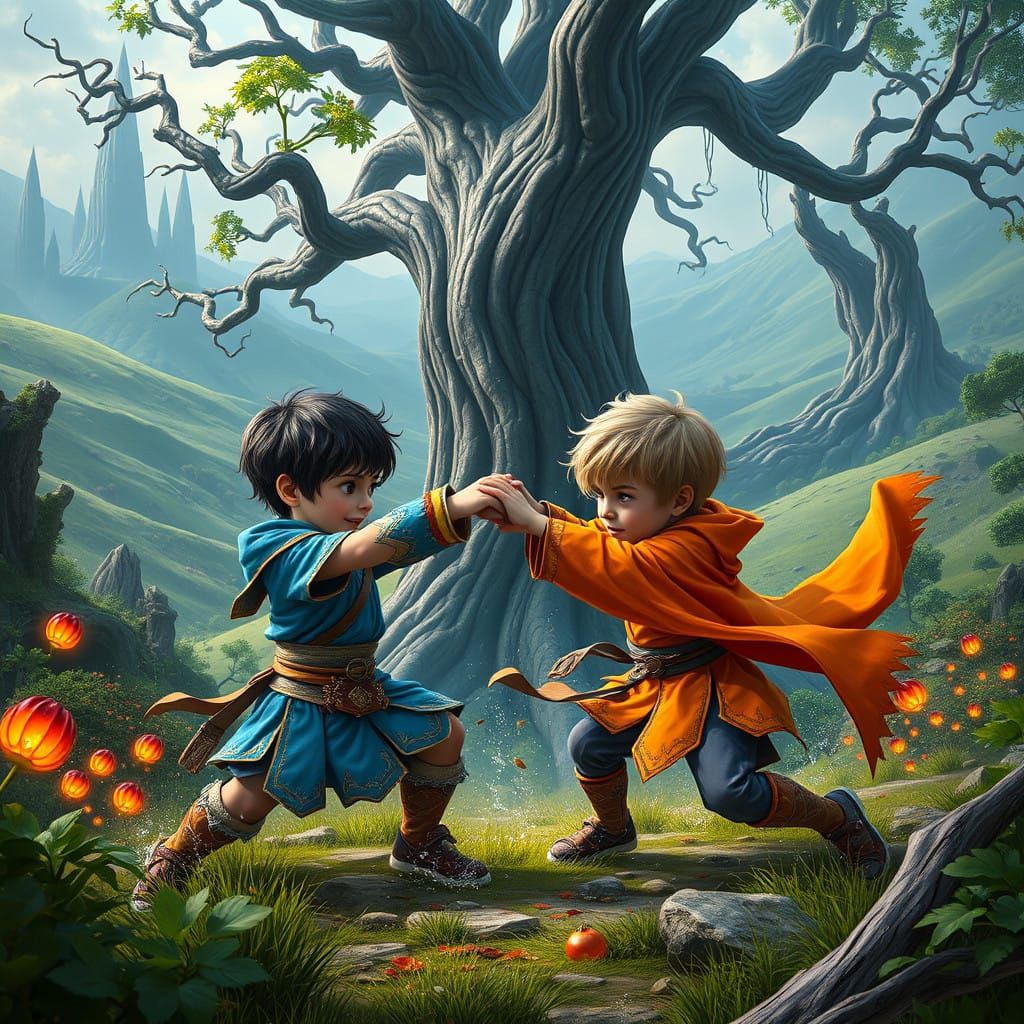 Fantasy Boys Engage in Epic Battle Amidst Lush Greenery