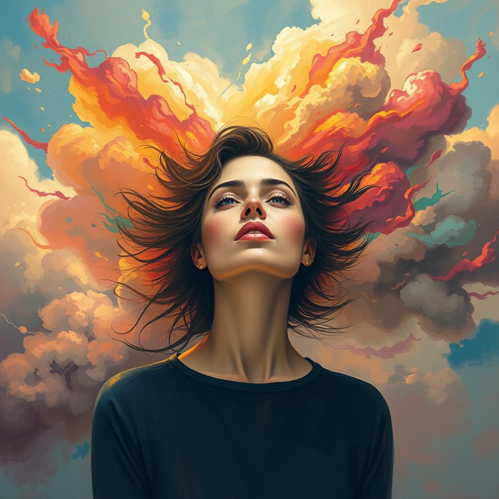 Woman Surrounded by Swirling Thoughts in Surreal Pop Art