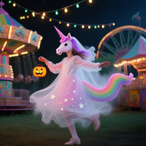 Whimsical Unicorn-Ghost Girl at Spooky Carnival