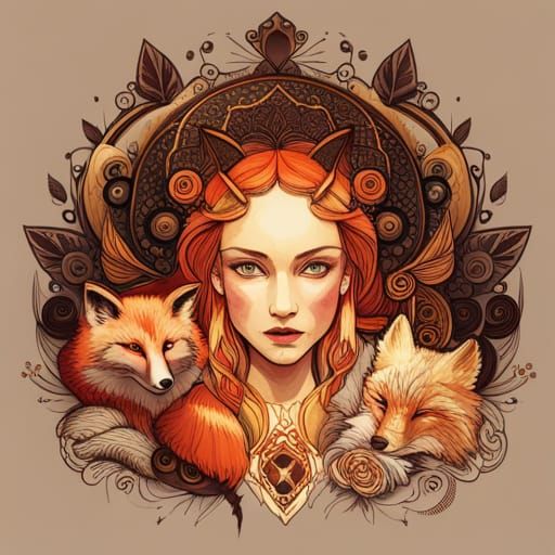 Fox Goddess with Golden Outlines: Digital Art