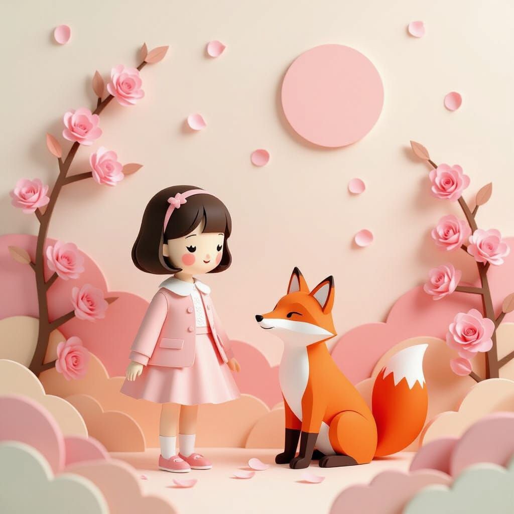 Dreamy Pastel Paper World with Girl and Fox