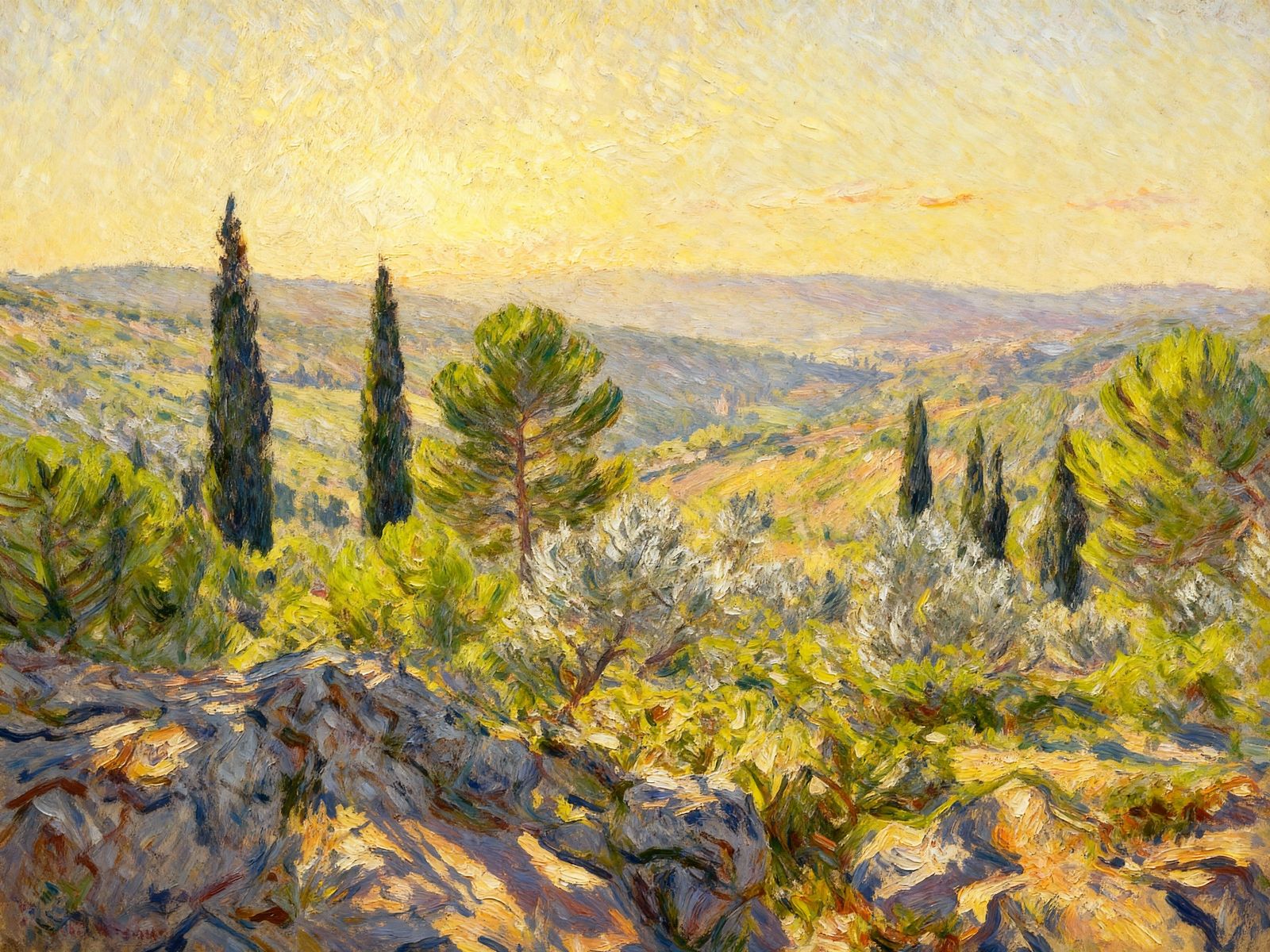 Provence Valley Landscape: Windblown Green Trees and Cypress