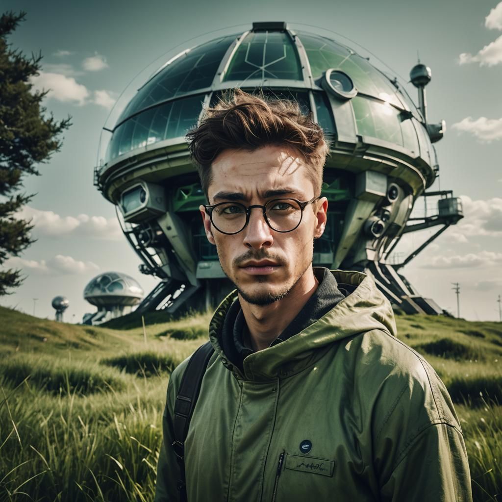 Man on Hill with Futuristic Station in Sci-Fi Style