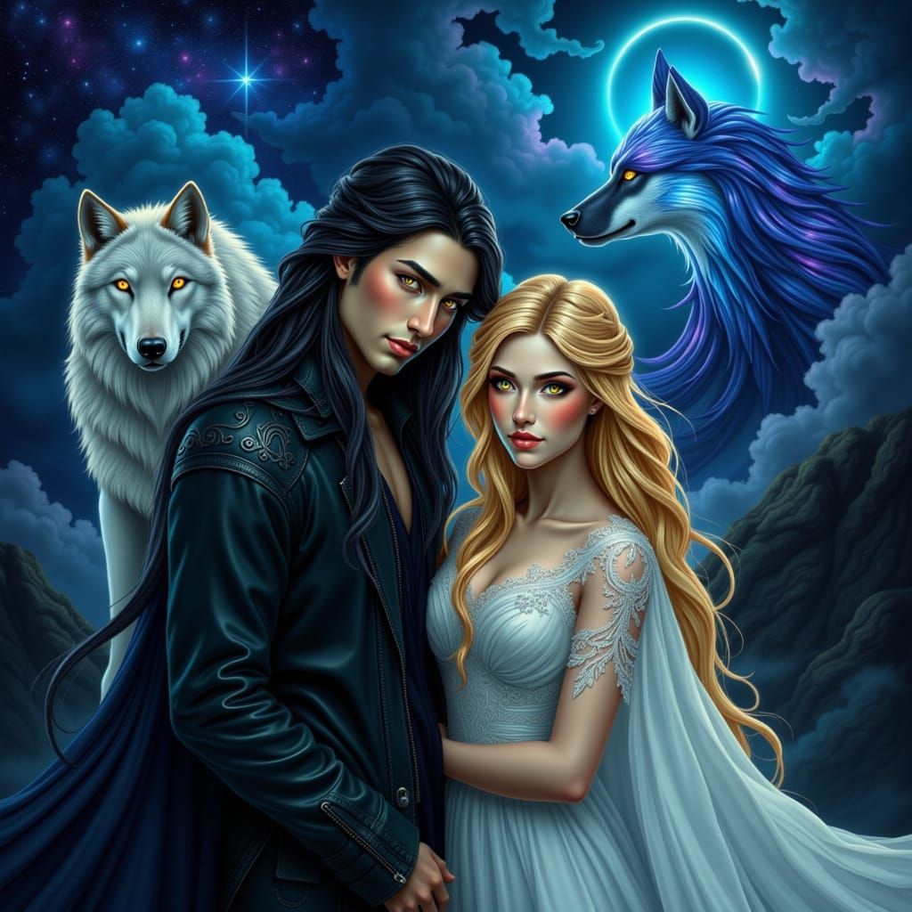 Moonlit Couple with Wolves in Dreamy Landscape