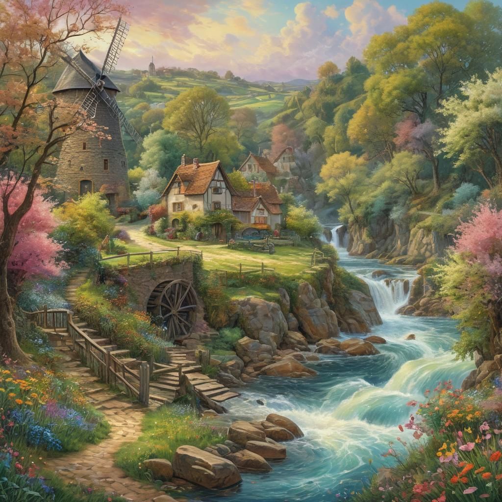 Spring Windmill Landscape in Watercolor Style