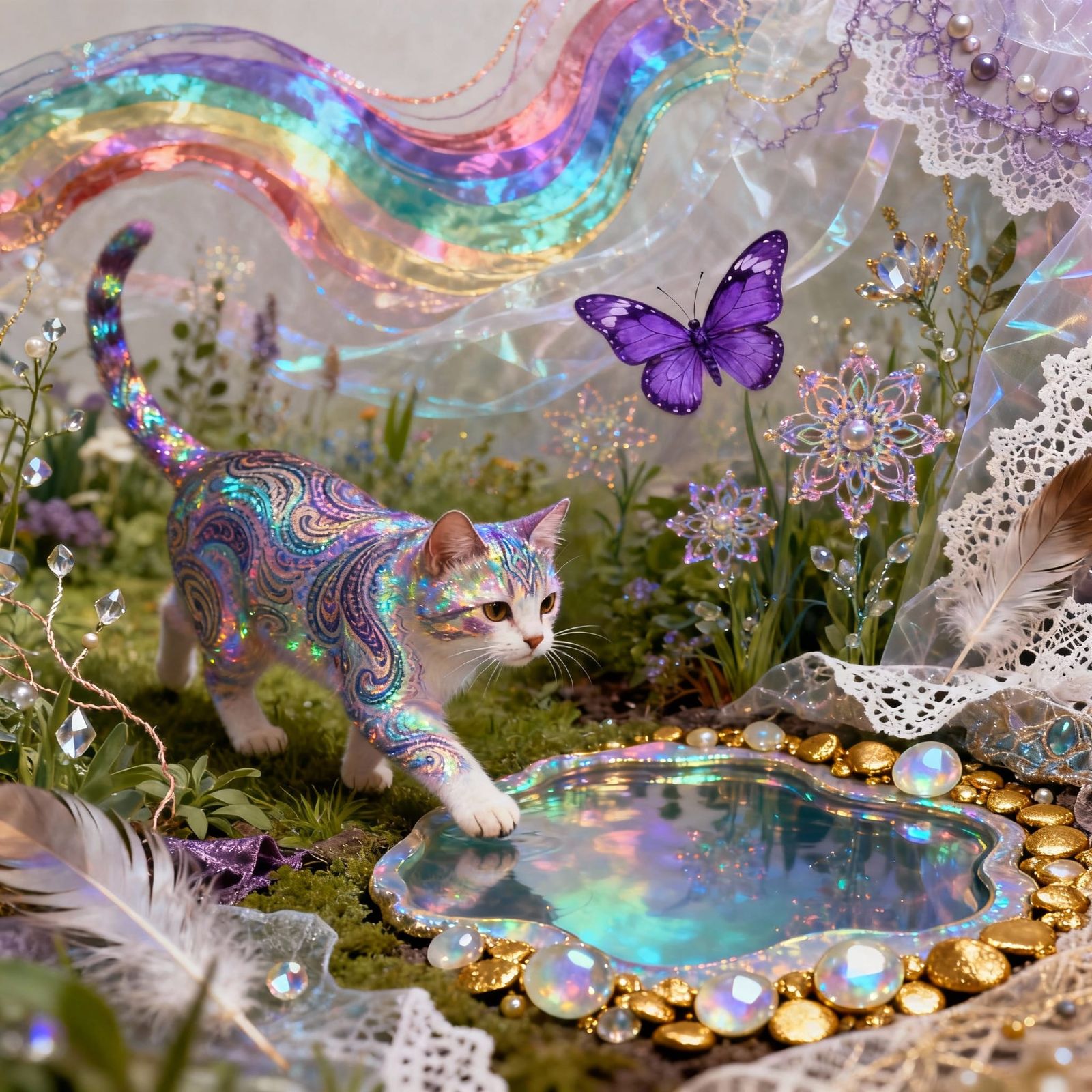 Prismatic Cat in a Psychedelic Garden Dreamscape
