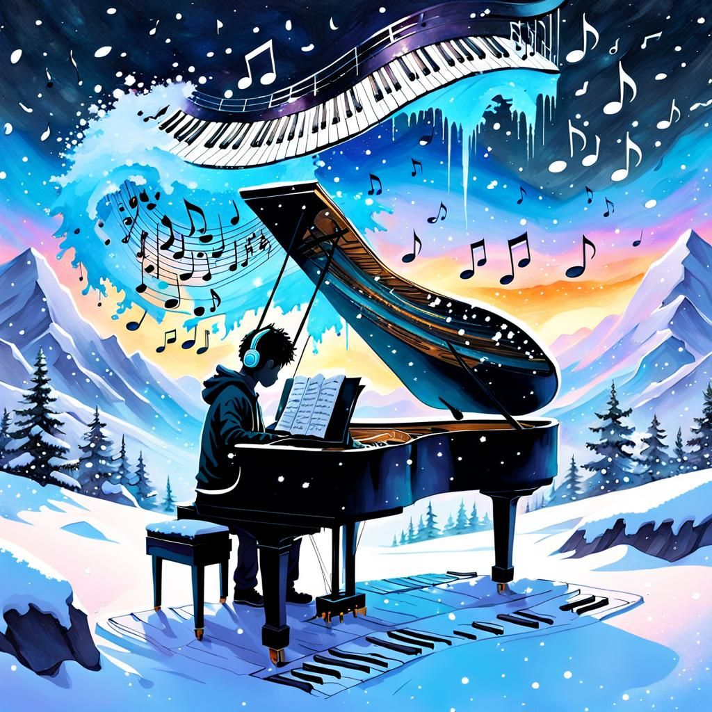 Boy Plays Piano in Snowy Galaxy, Watercolor Art