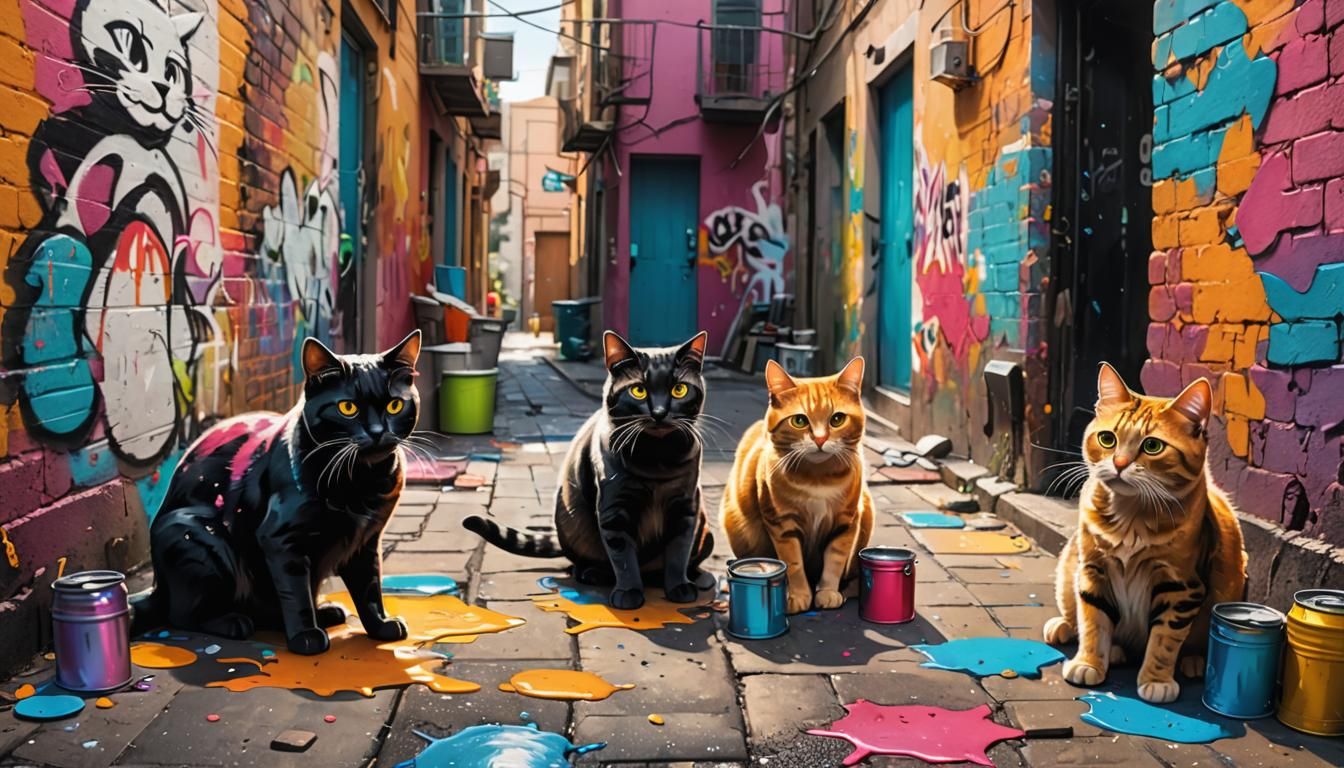 Adorable Cats Painting in Vibrant Street Art