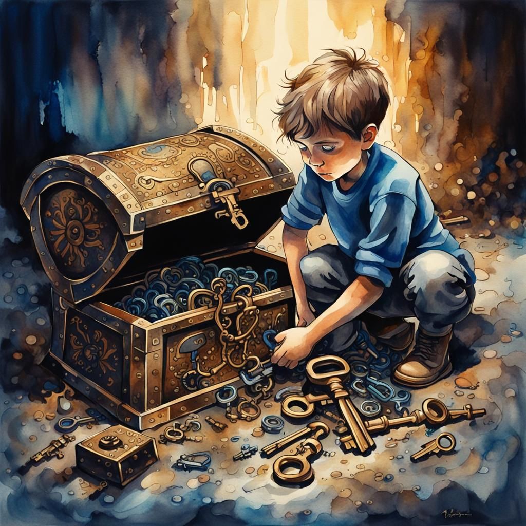 Boy with Treasure Chest and Keys in Watercolor Style