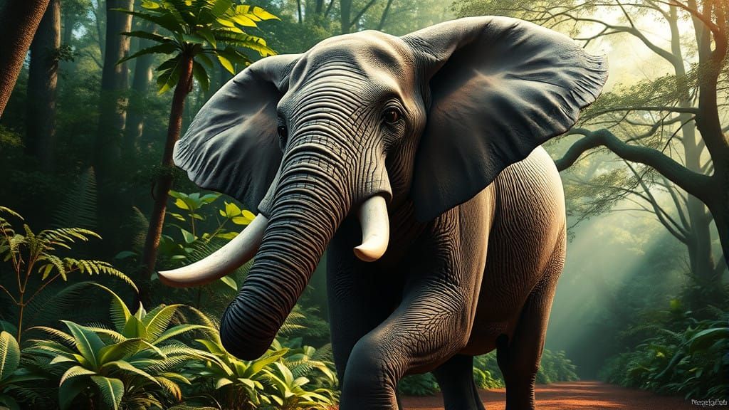 Hyperrealistic 3D-Rendered Elephant in Lush Forest
