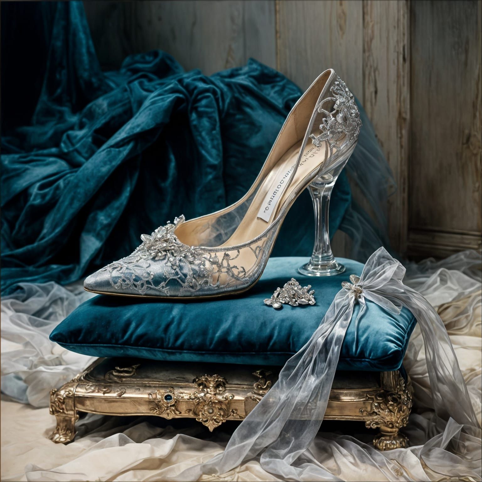 Glass Slipper on Velvet Cushion in Charcoal