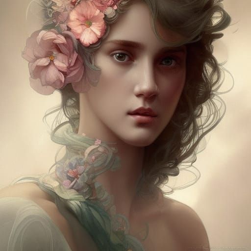 Gorgeous Woman Portrait with Flowers, Art Nouveau Style