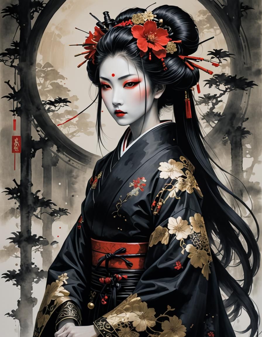 Gothic Geisha in Yoshitaka Amano Style