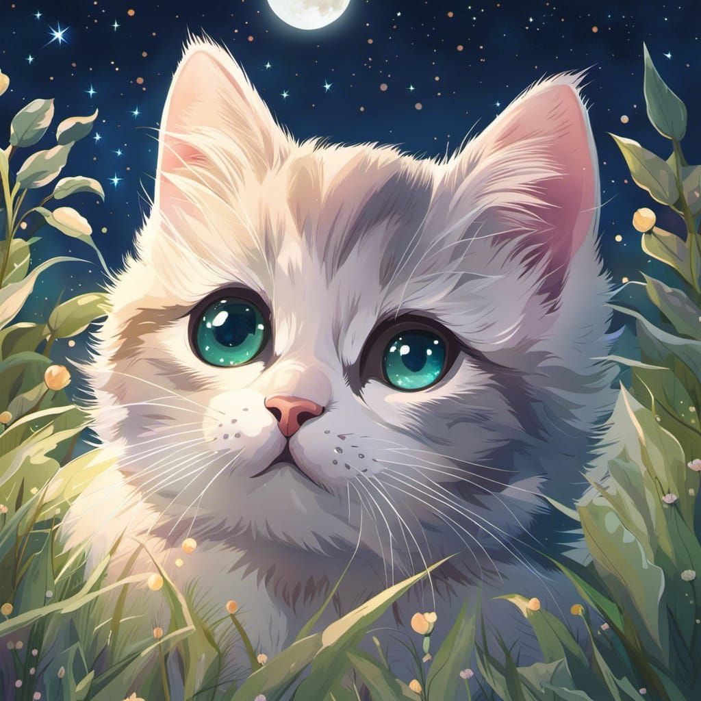 Anime Kitten Gazing at Mystical Starry Sky