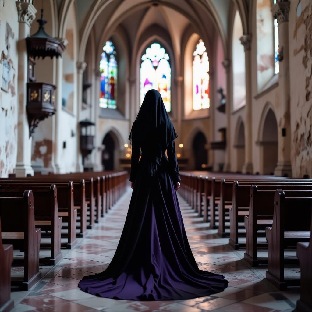 Gothic Widow Emerges from Coffin in Ruined Church