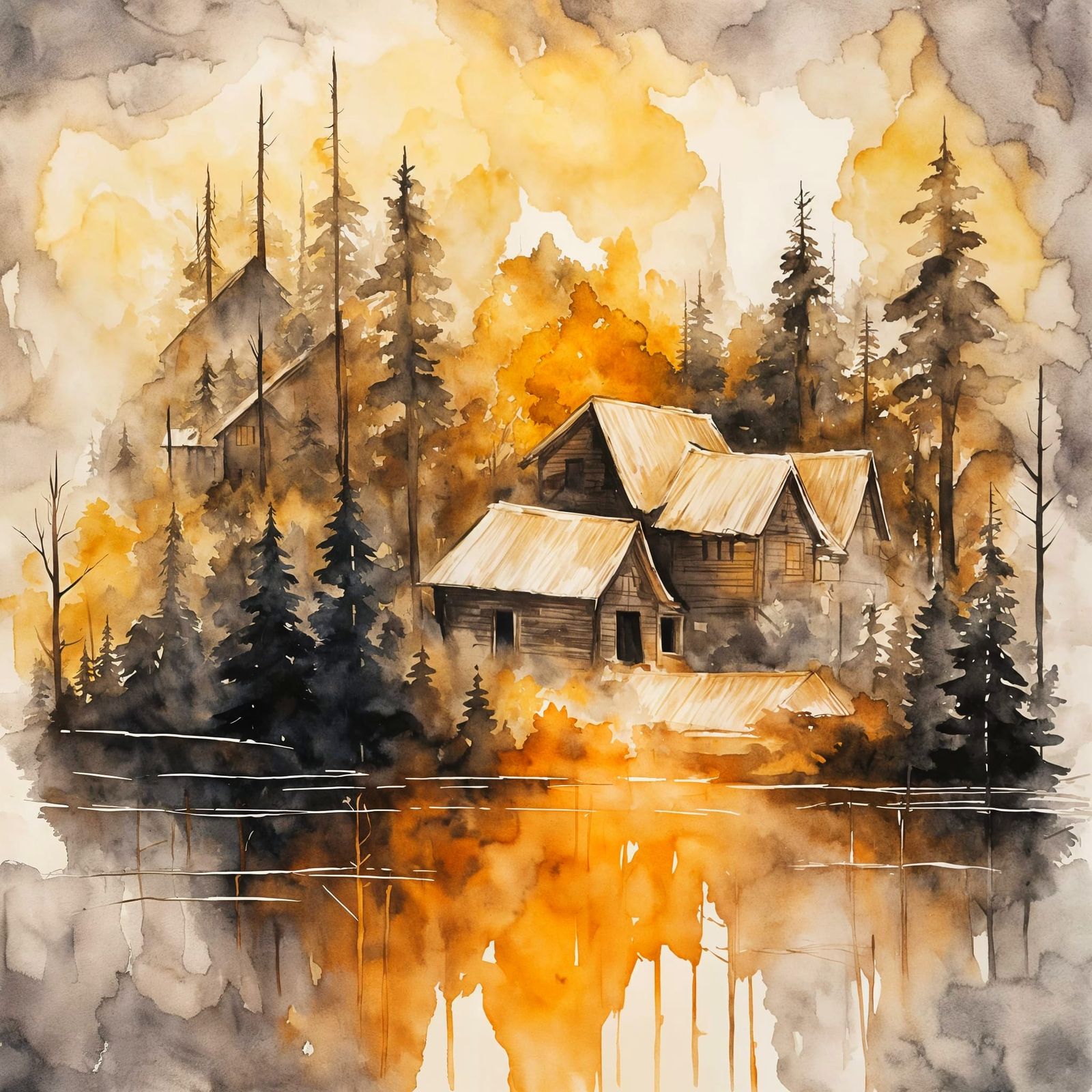 Moody Watercolor Houses in Ancient Forest