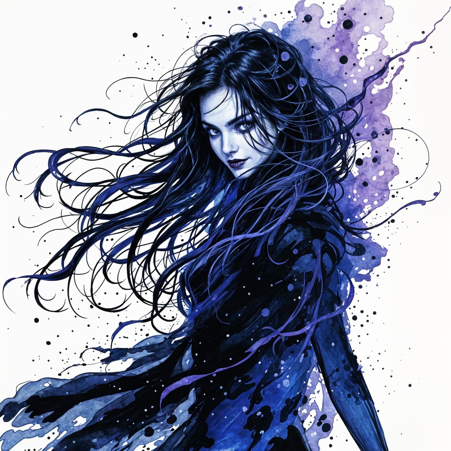 D&D Dark Maiden with Raven Hair and Purple Eyes