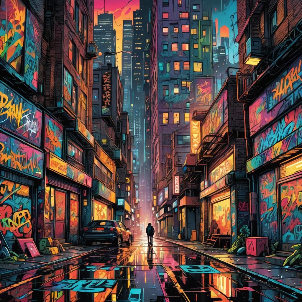 Vibrant Graffiti Cityscape in Comic Book Style