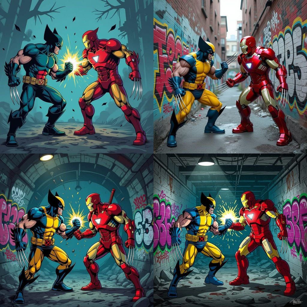 Wolverine Battles Iron Man in Gothic Comic Style