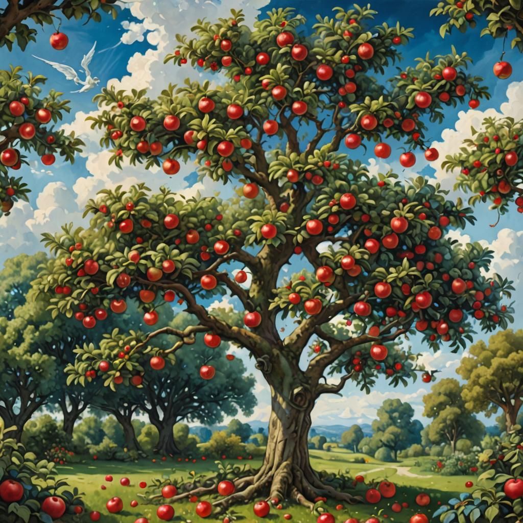 a beautiful large apple tree with ripe red apples in a parad...