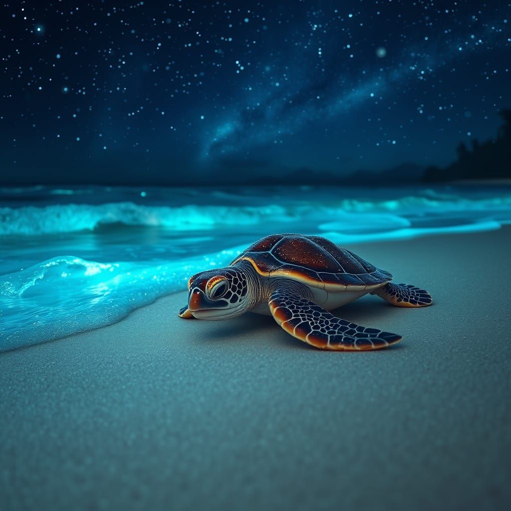 Nocturnal Beach Scene with Glimmering Sea Turtle