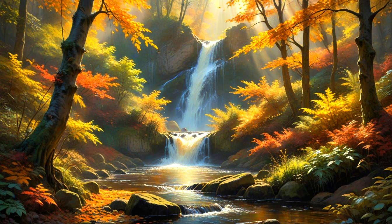 Hidden Autumn Waterfall in Sunlit Forest