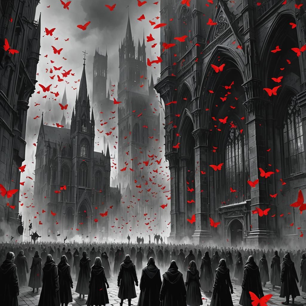 Dystopian Gothic Cityscape with Red Butterflies
