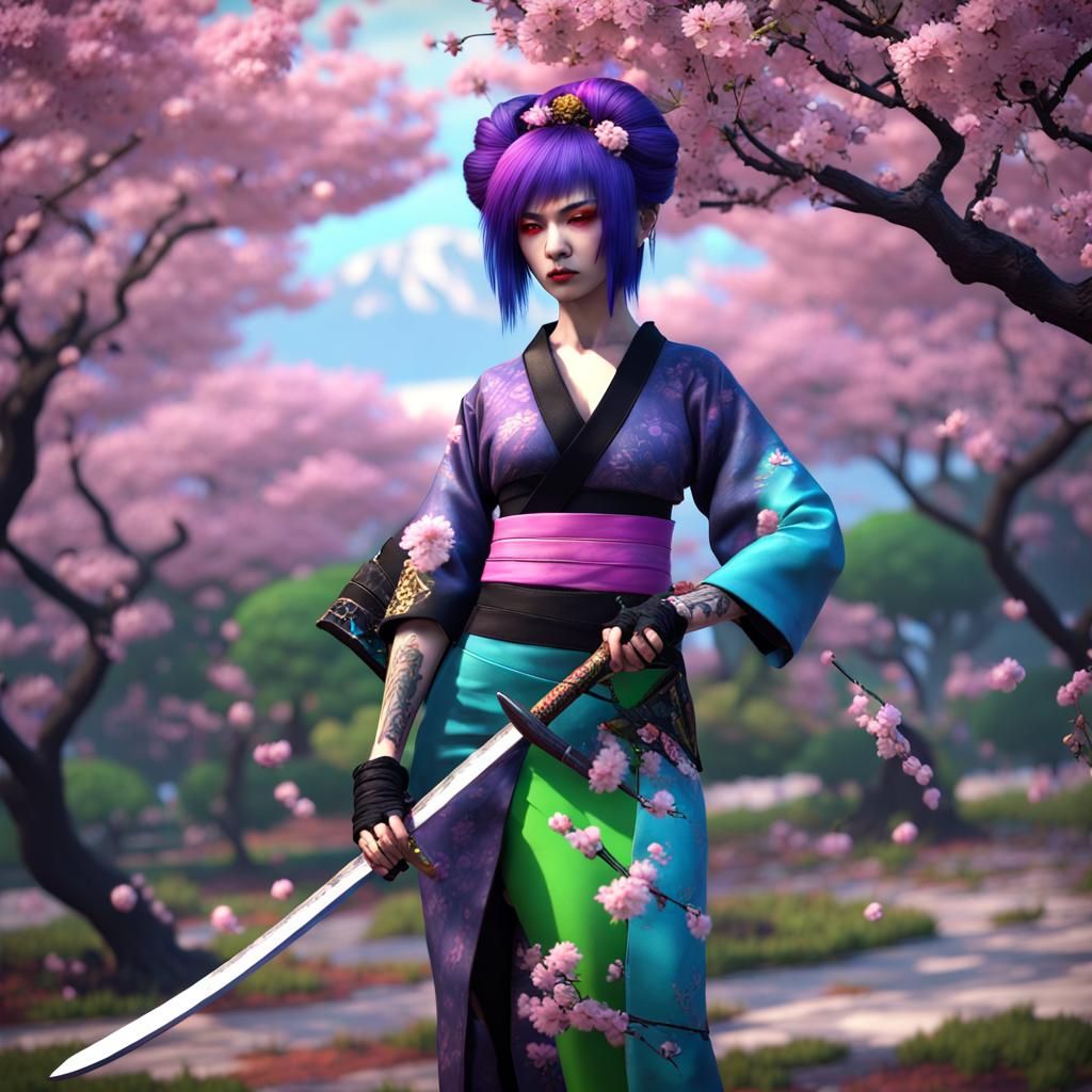 Punk Geisha Warrior in Cherry Blossom Garden