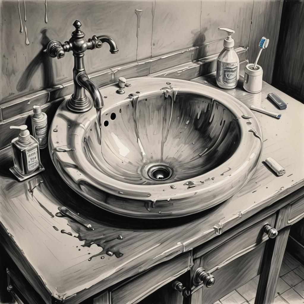 Hyperdetailed Charcoal Drawing of an Old Washbasin