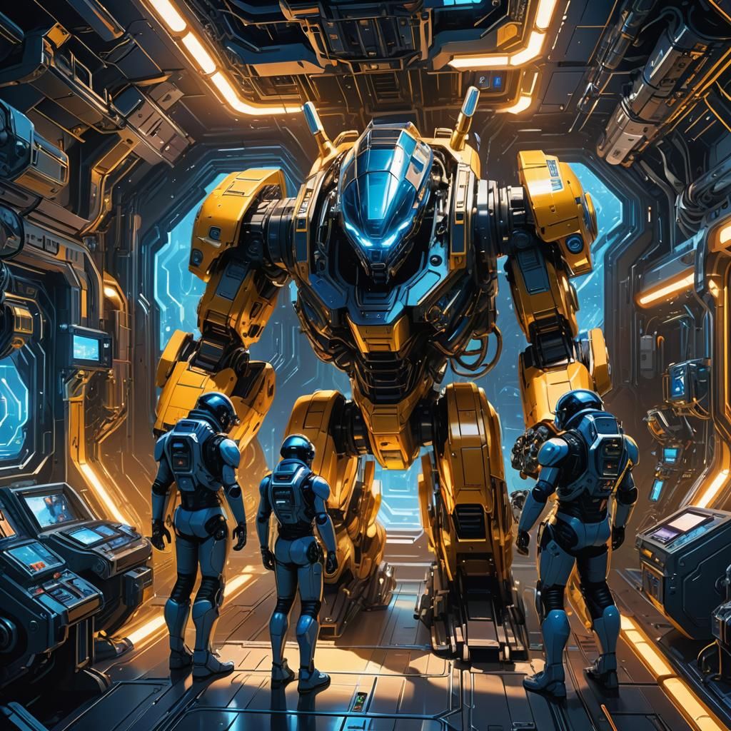 Sci-Fi Robot and Android Repairing Spaceship Engines