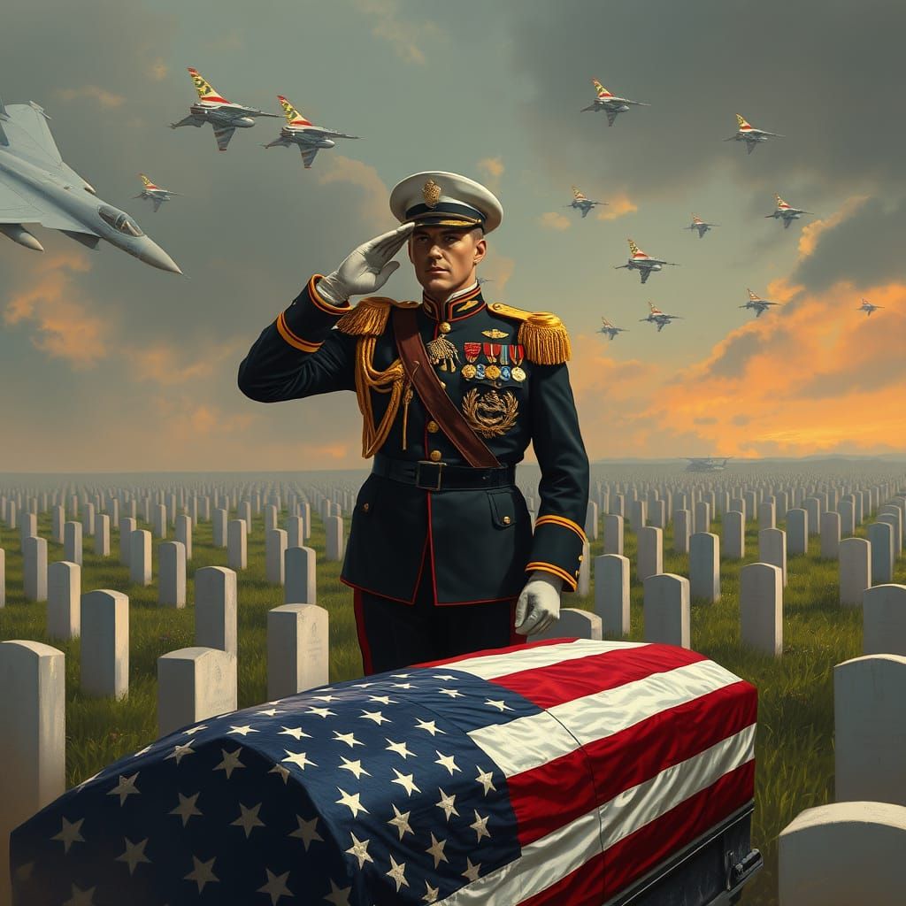 Soldier Saluting in Field of Graves, Realistic Style