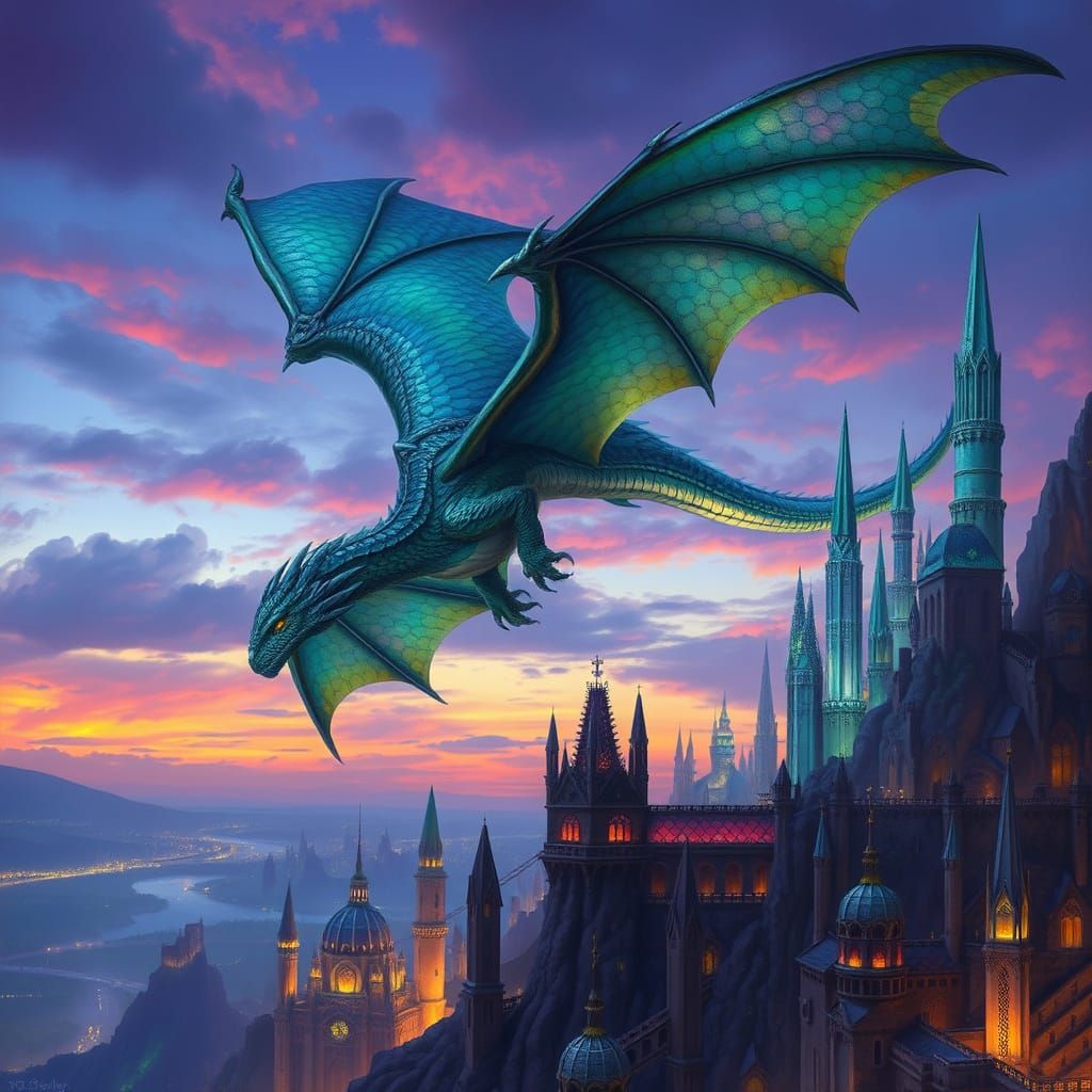Dragon Soars through a Vibrant Twilight Sky with Crystal Cit...