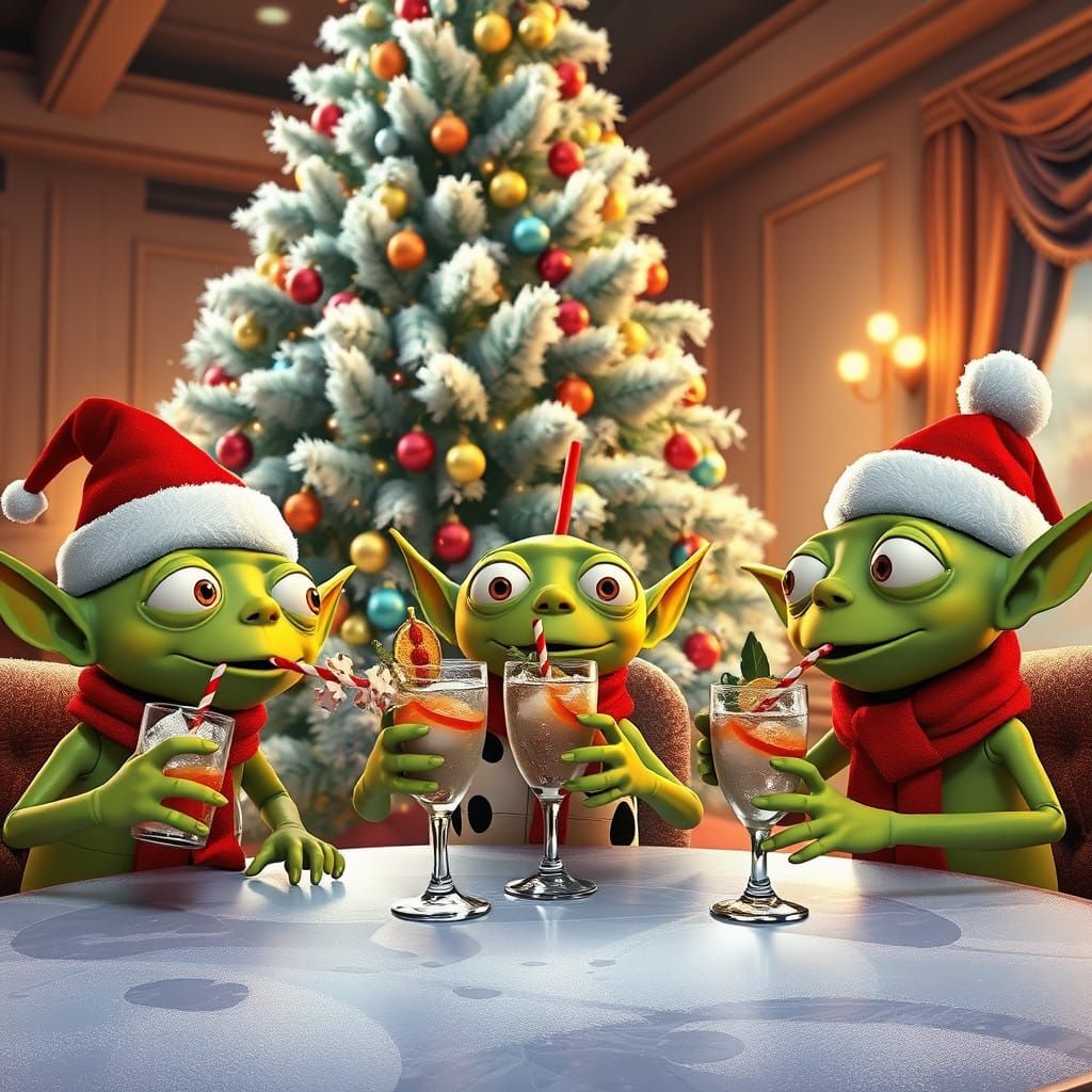 Alien Holiday Mates Gather Around Majestic Christmas Tree