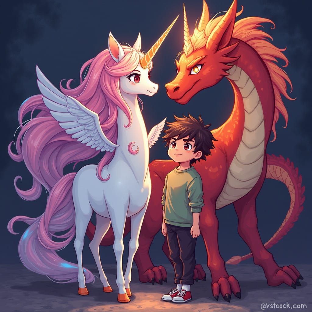 Vibrant Unicorn Girl and Dragon Boy in Dynamic Anime Art