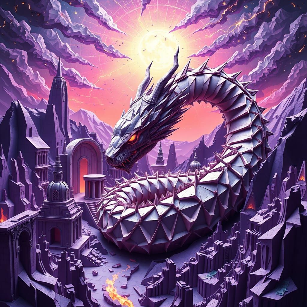 Origami Serpent in Apocalyptic Fantasy Landscape