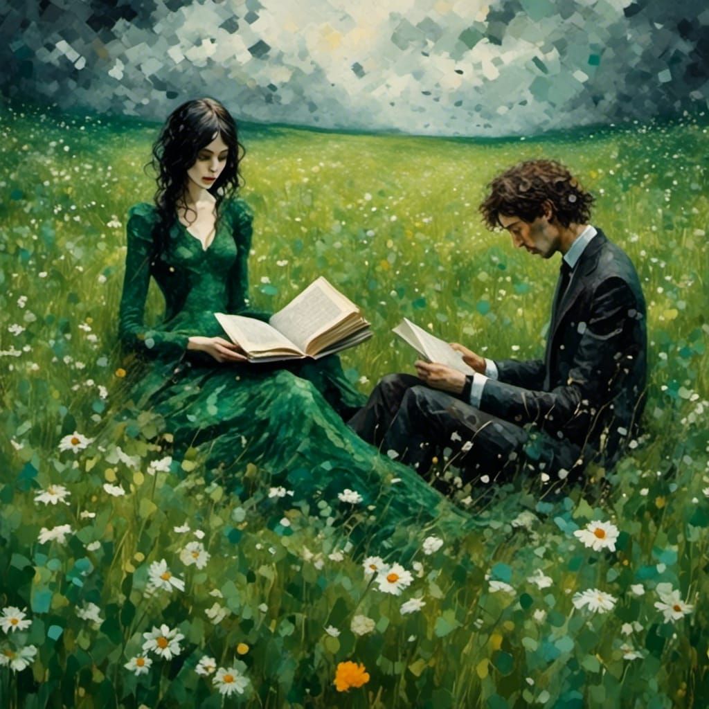Couple Reading Poetry in Grassy Field: Mixed Media