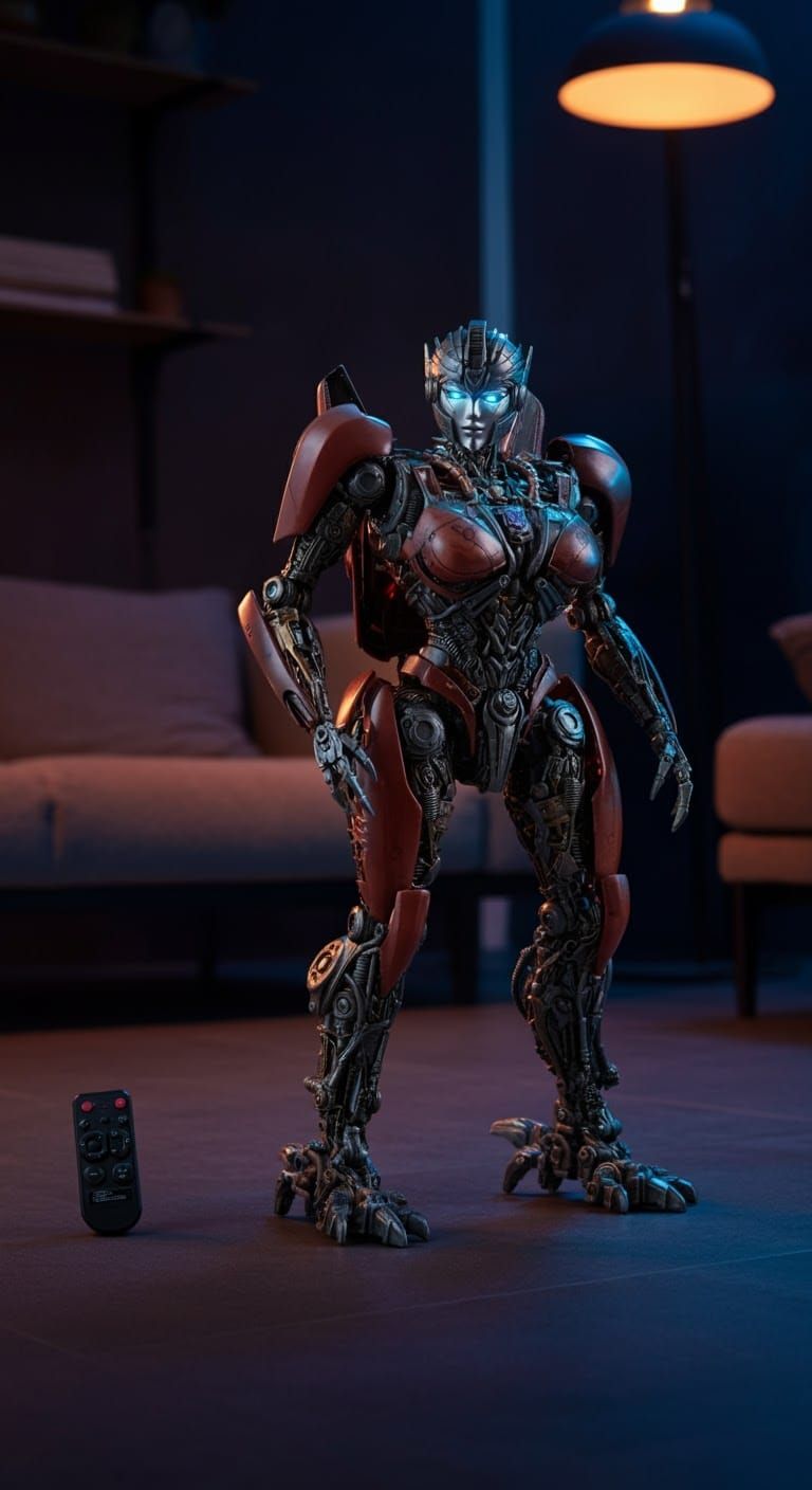 Hyperrealistic Autobot Dinosaur Transformer in Modern Room