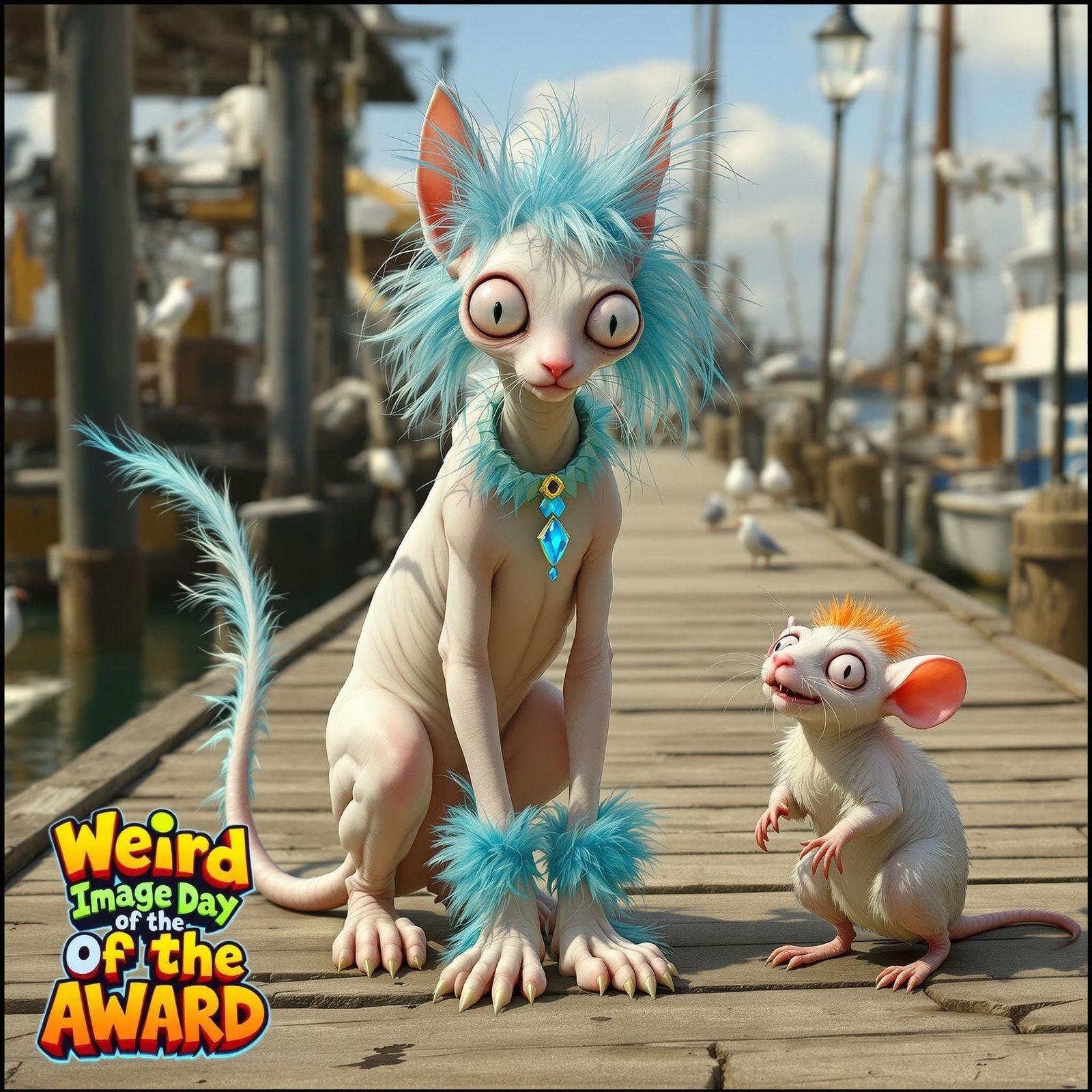 A scrawny, wrinkled, decrepit, hairless albino Egyptian sphi...